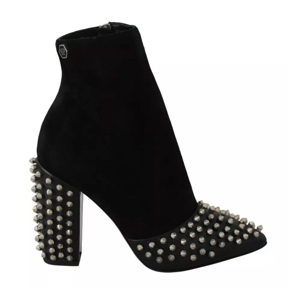 Philipp Plein Black Suede Studded Heels Ankle Boots Women's Shoes
